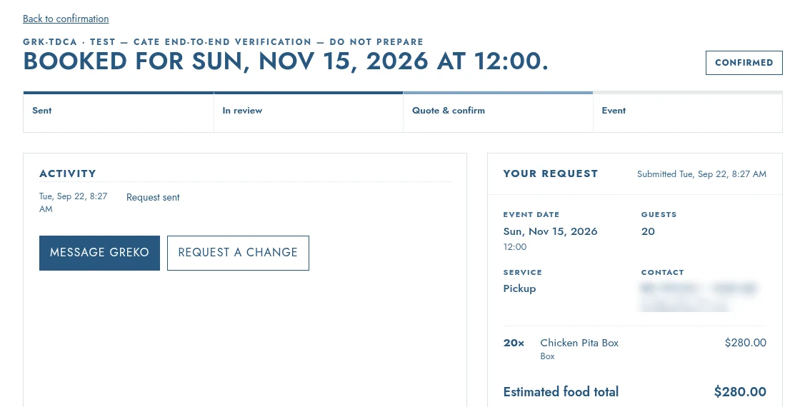A planner's request status page on GReKo's site: booked, four-step tracker, request summary