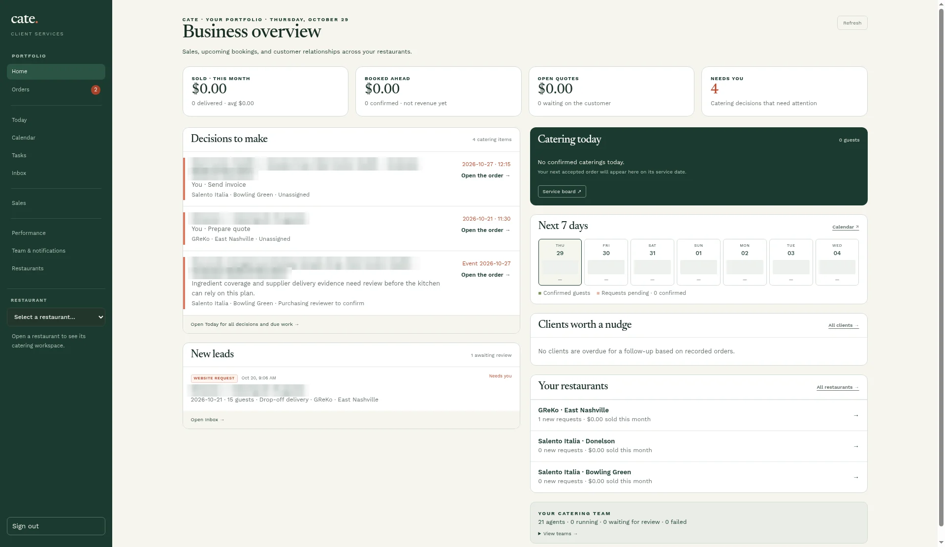 Cate business overview screen: sales, decisions to make, next 7 days and restaurants
